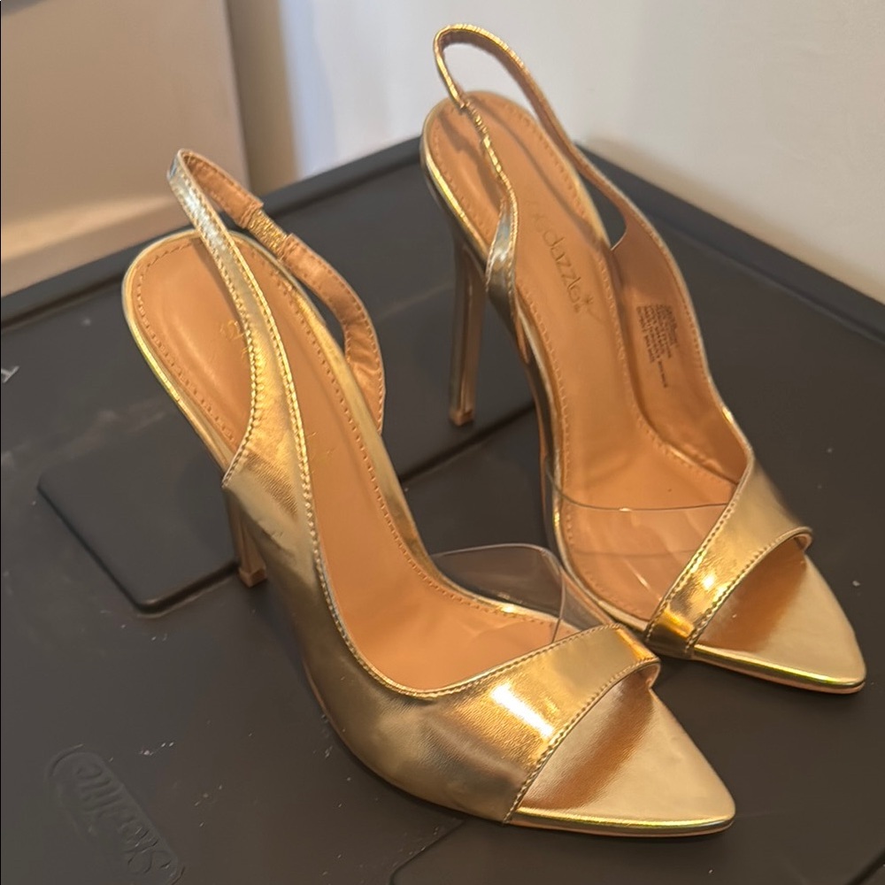 Shoe Dazzle Gold Stiletto Heels with Transparent Design